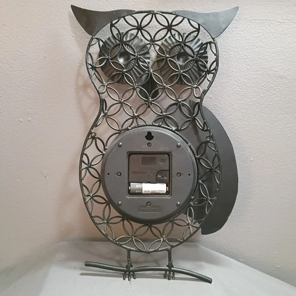 Owl Wall Clock Metal Black with Gold Accents Tested & Working Retro Boho Chic